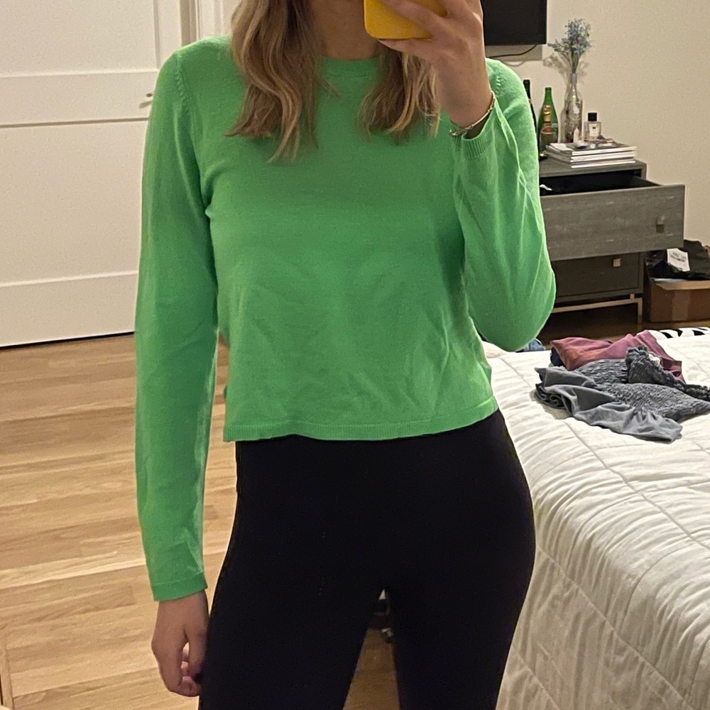 Lime green TNA Aritzia sweater. Slightly cropped.